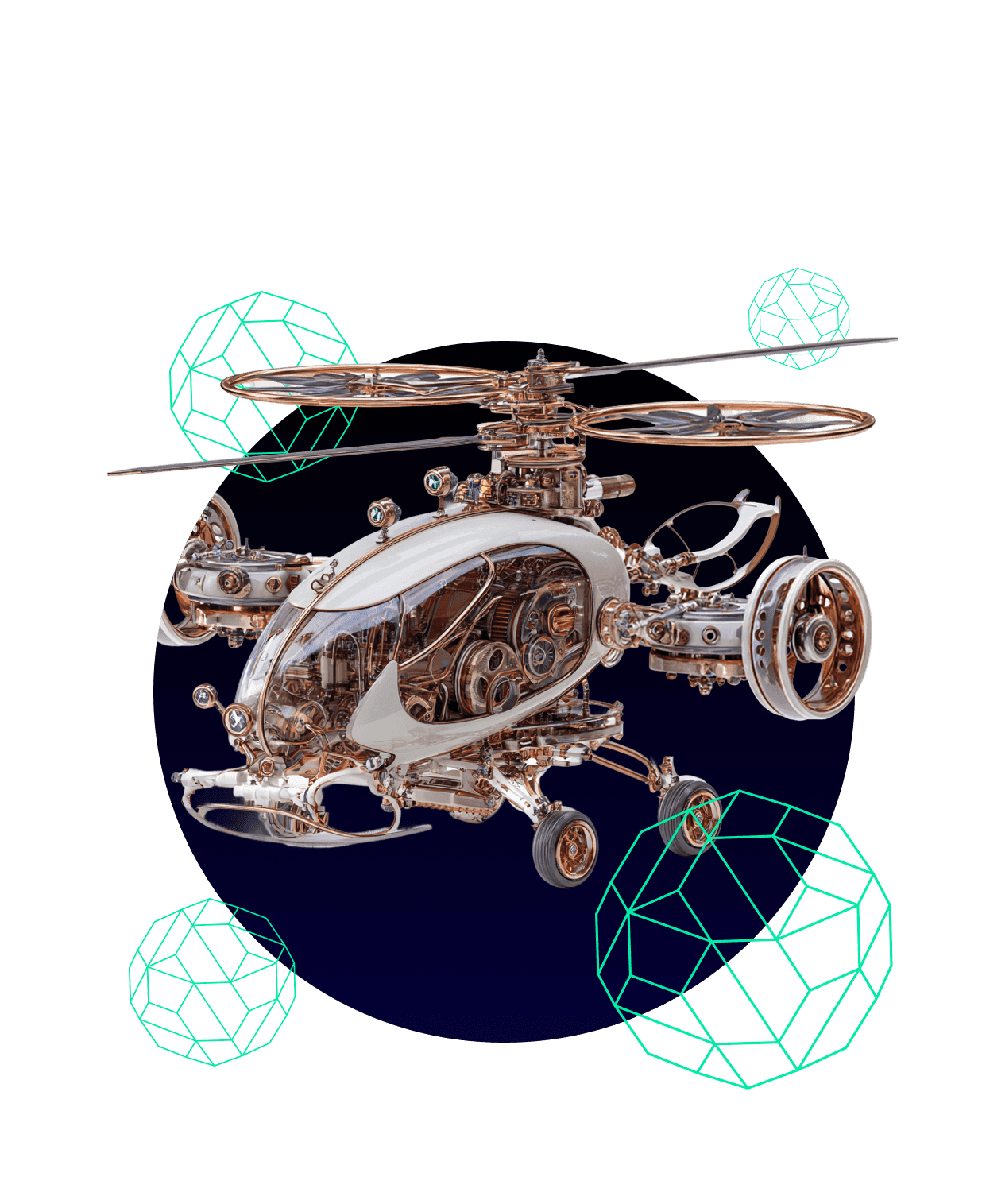 Steampunk mechanikus helikopter illusztráció áttekinthető belső szerkezettel, zöld wireframe dekorációval, a digitális termékfejlesztés szimbólumaként