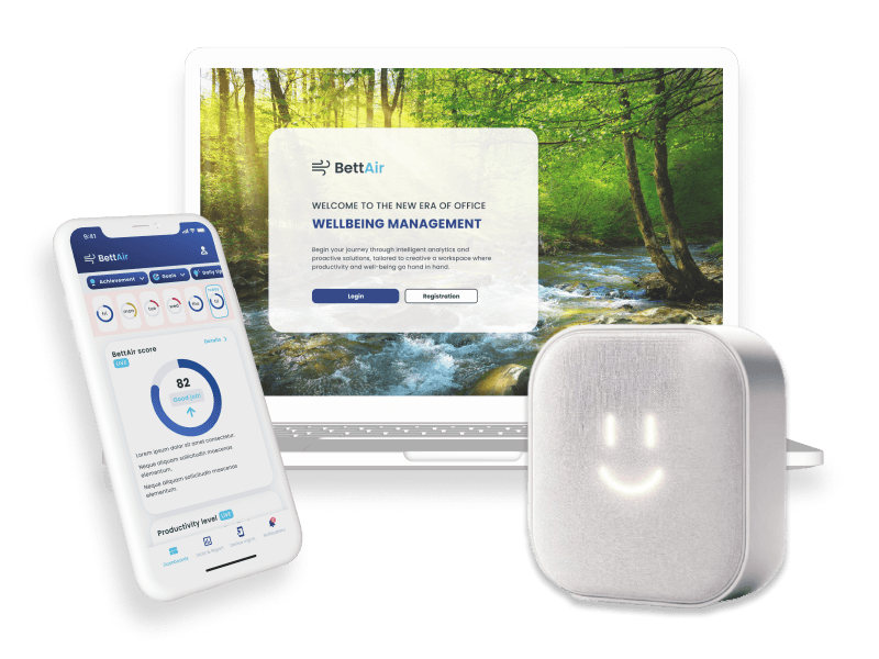 Bettair webapp on laptop, mobile app, and BettAir smart sensor device