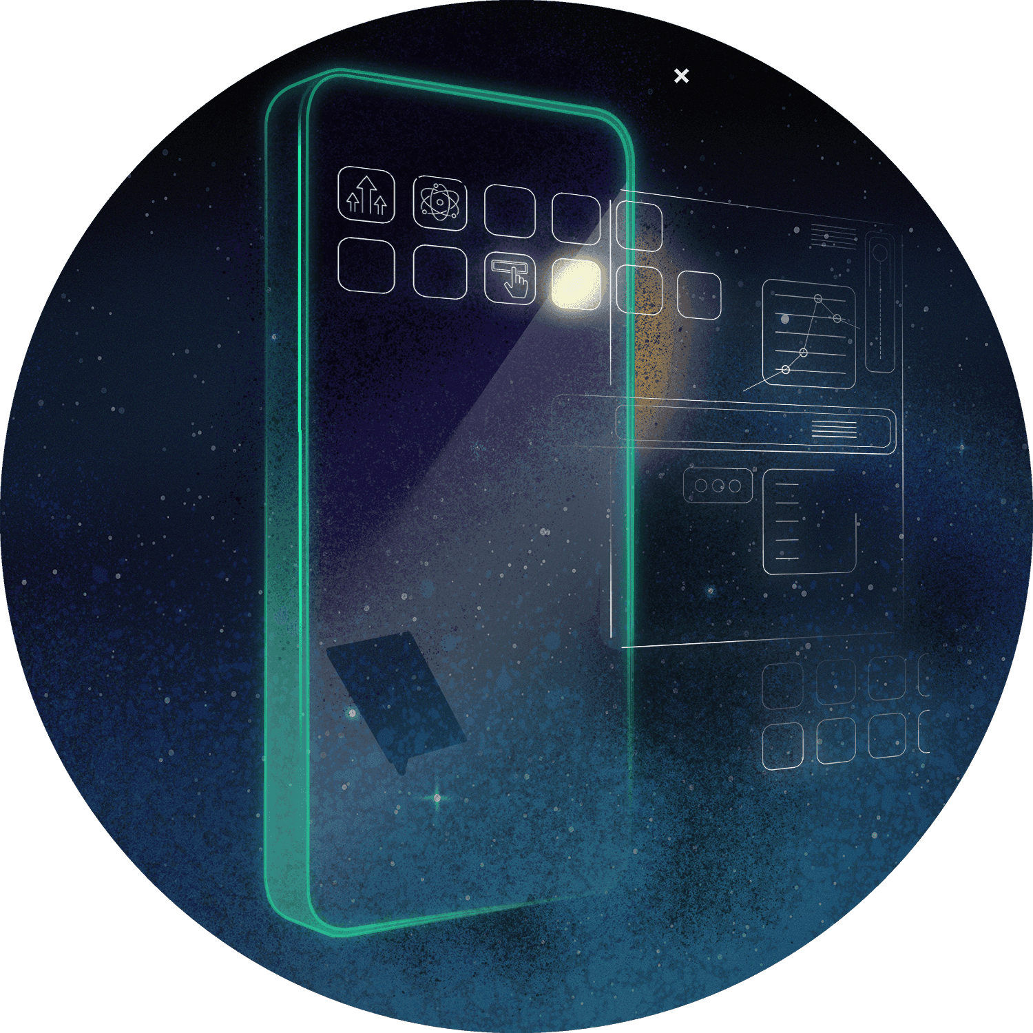 Zöld kontúrú mobiltelefon app-felülettel, sötét csillagos körben lebegve, digitális megoldásokat szimbolizálva