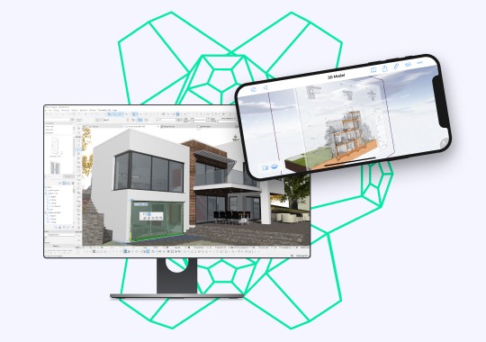 ARCHICAD 3D model on a monitor and the BIMx app 3D model view on a phone