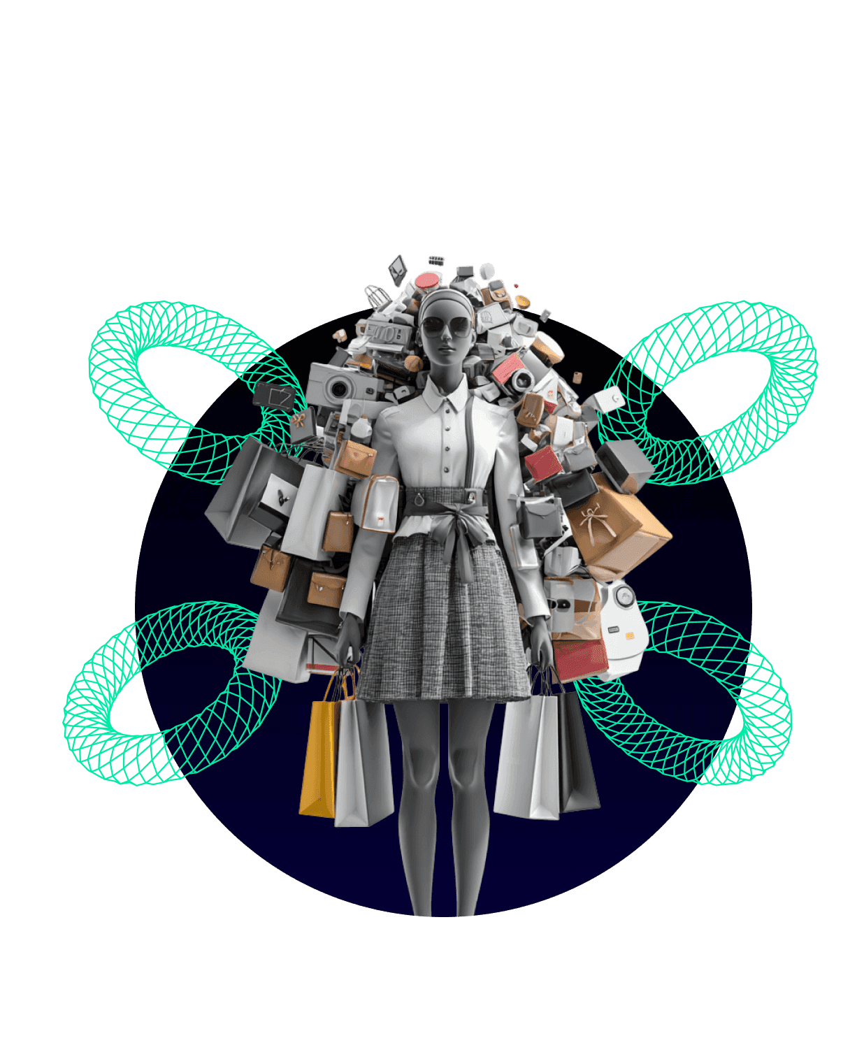 Mannequin stacked with shopping bags and boxes, encircled by green ring graphics, symbolizing omnichannel ecommerce