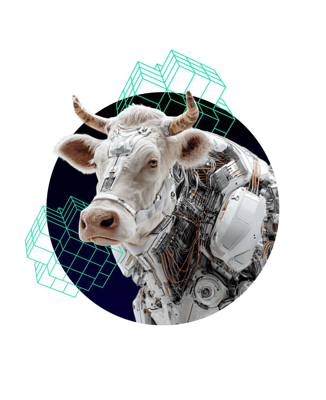 Futuristic cyborg cow illustration representing agrotech innovation