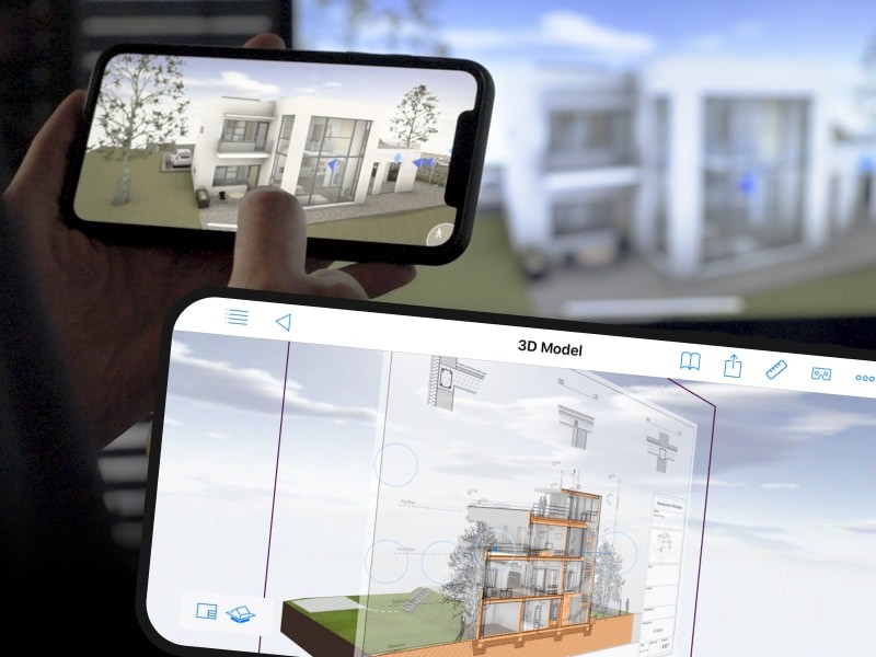 A hand holding a phone running the BIMx app in augmented reality in front of the real building