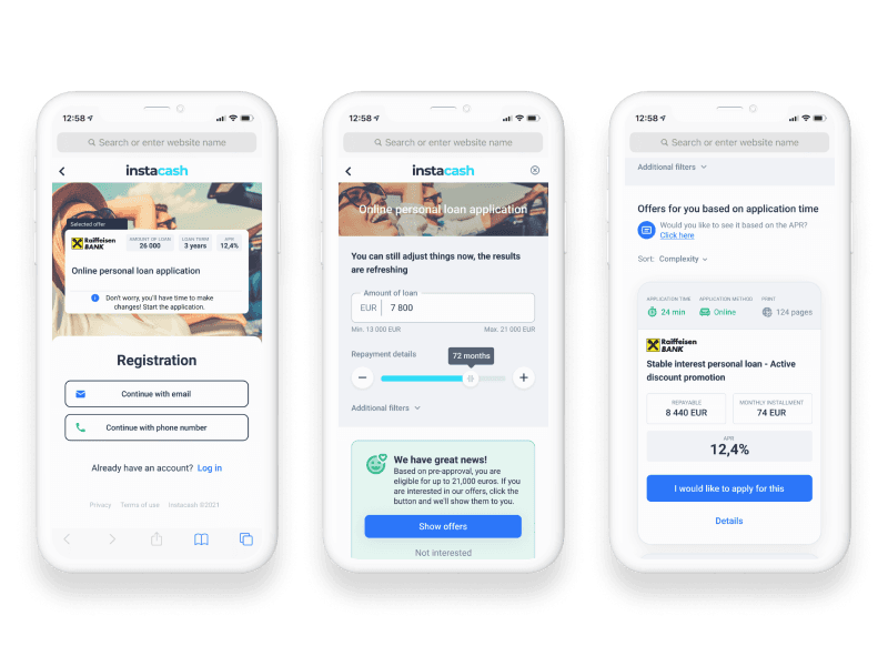 Three Instacash app screens: offer selection, registration, and loan repayment terms