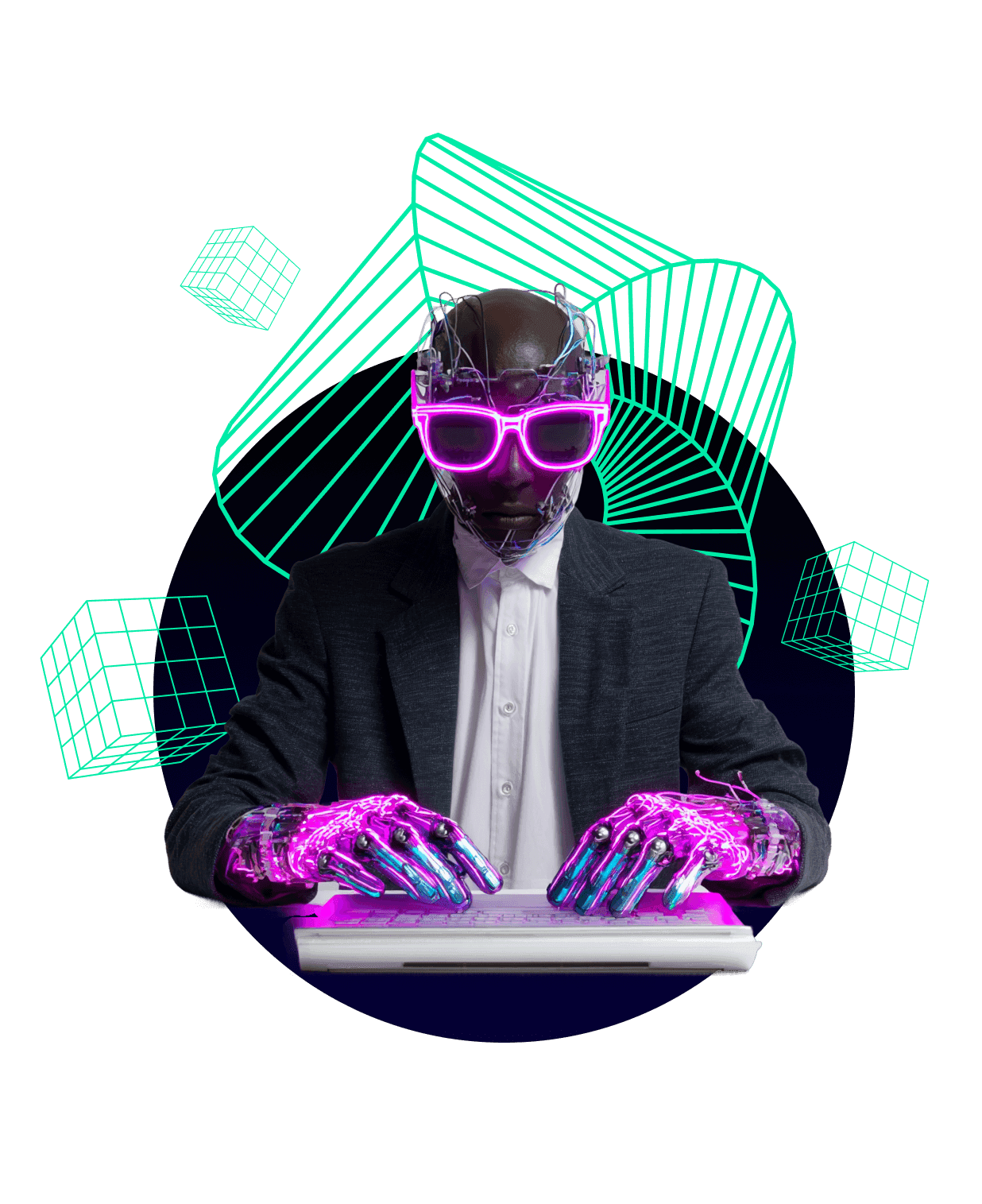 Developer coding with a neon wireframe overlay, representing web development