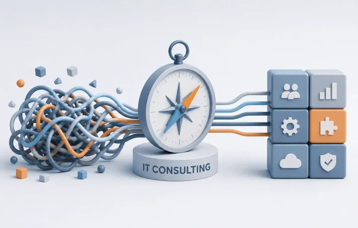 Compass guiding tangled infrastructure toward organized IT consulting decisions