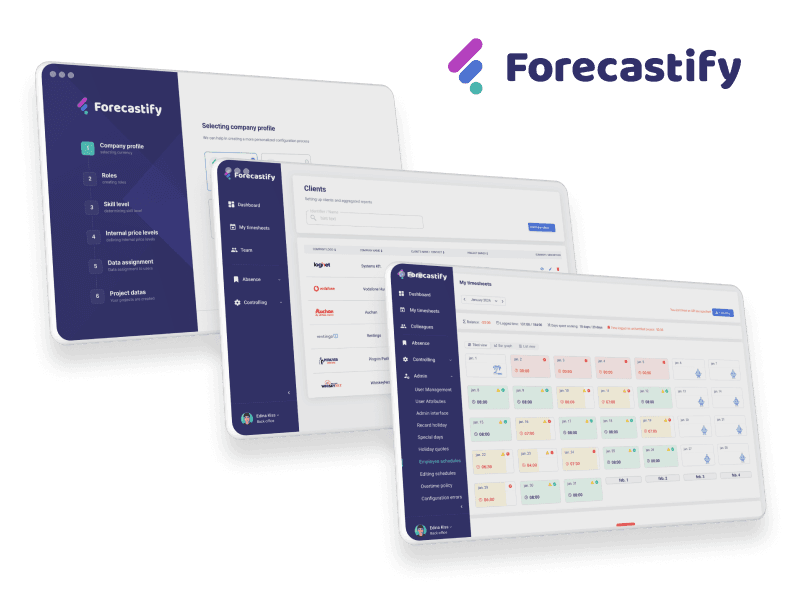 Three Forcastify ERP screens: company setup, client list, and weekly timesheets