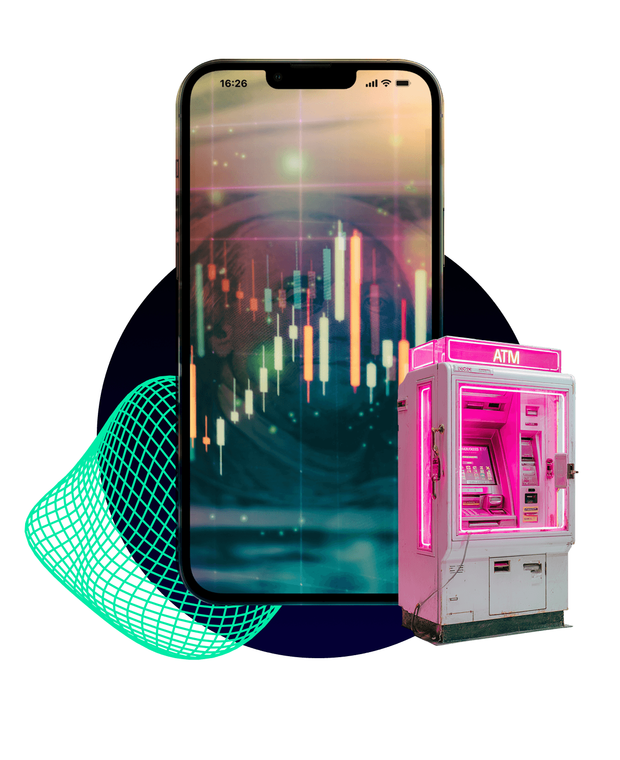 Smartphone displaying a stock chart trading app beside a neon pink ATM machine, representing mobile banking and payment technology