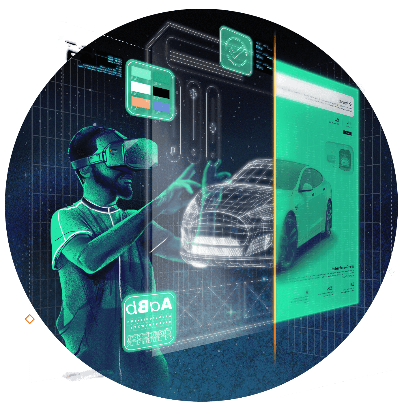UI/UX design illustration — VR interface and product mockups