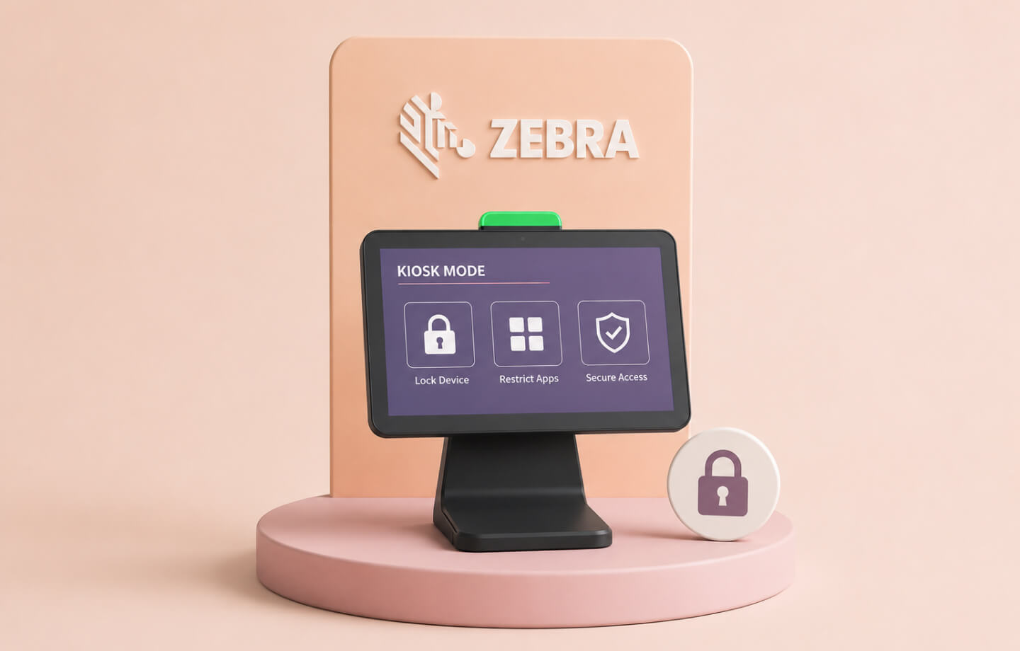 Zebra device showing Kiosk Mode with locked device, restricted apps, and secure access options