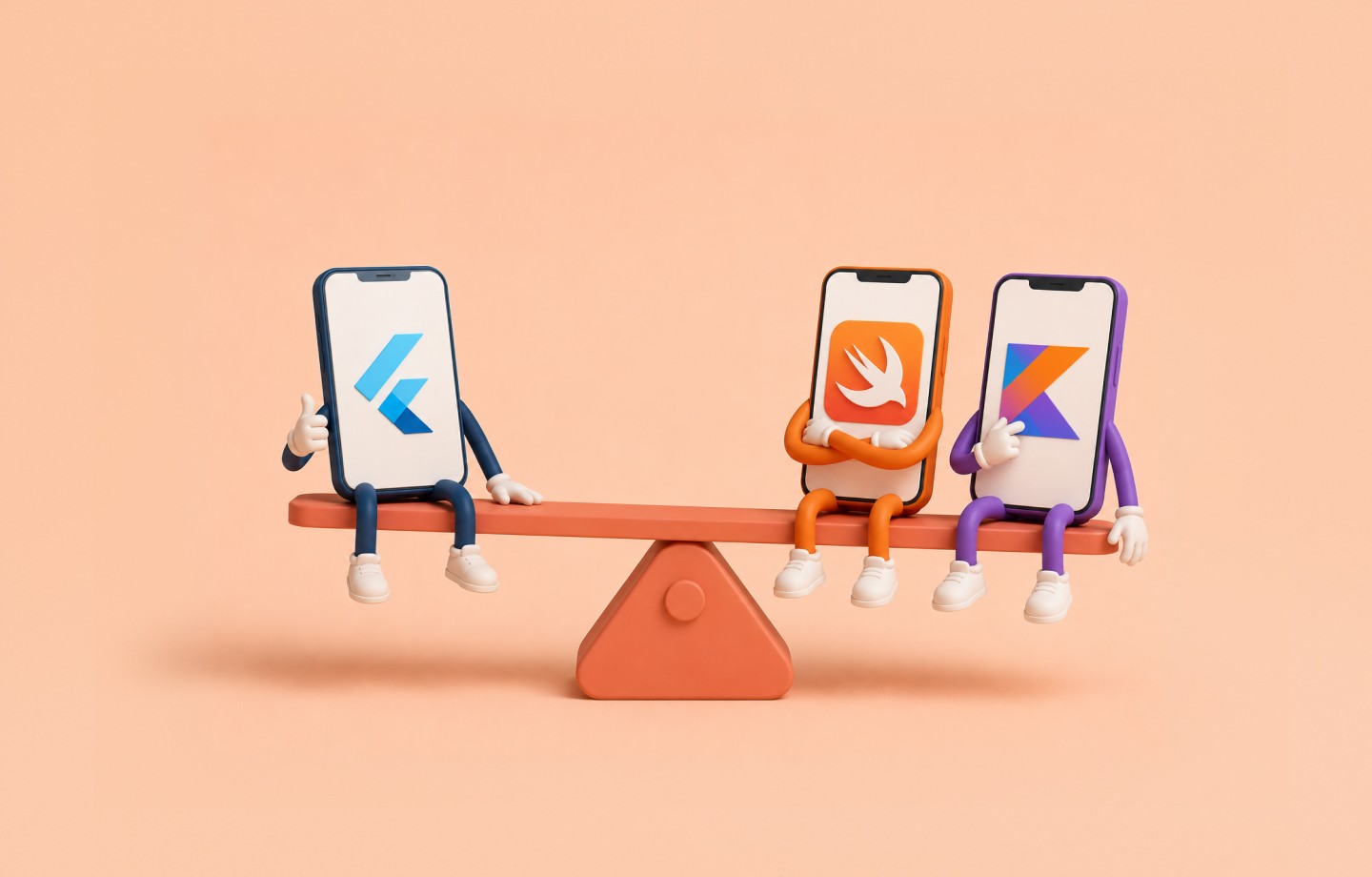 Three phone mascots for Flutter, Swift, and Kotlin balancing on a seesaw