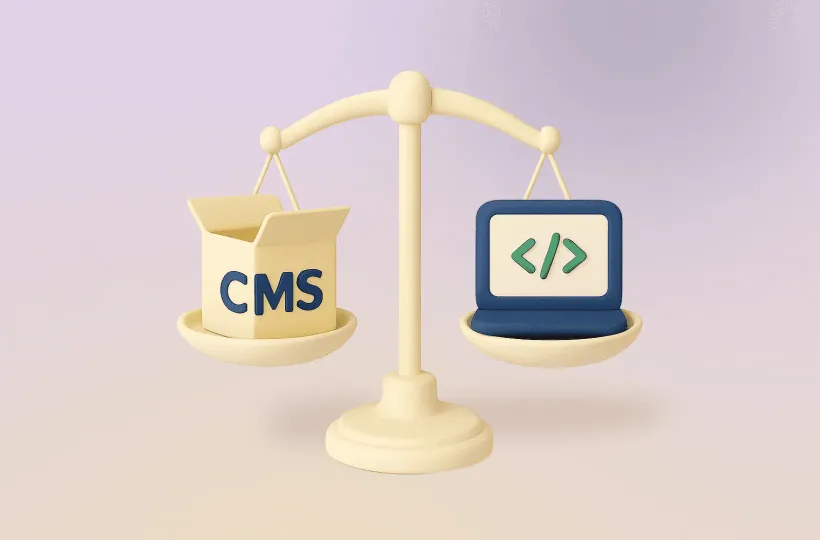 Balance scale weighing a CMS box against a custom-coded laptop, symbolizing custom portal development versus CMS