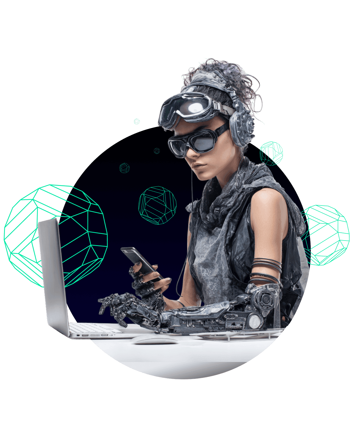 Futuristic developer working on a laptop and phone, mobile app development illustration