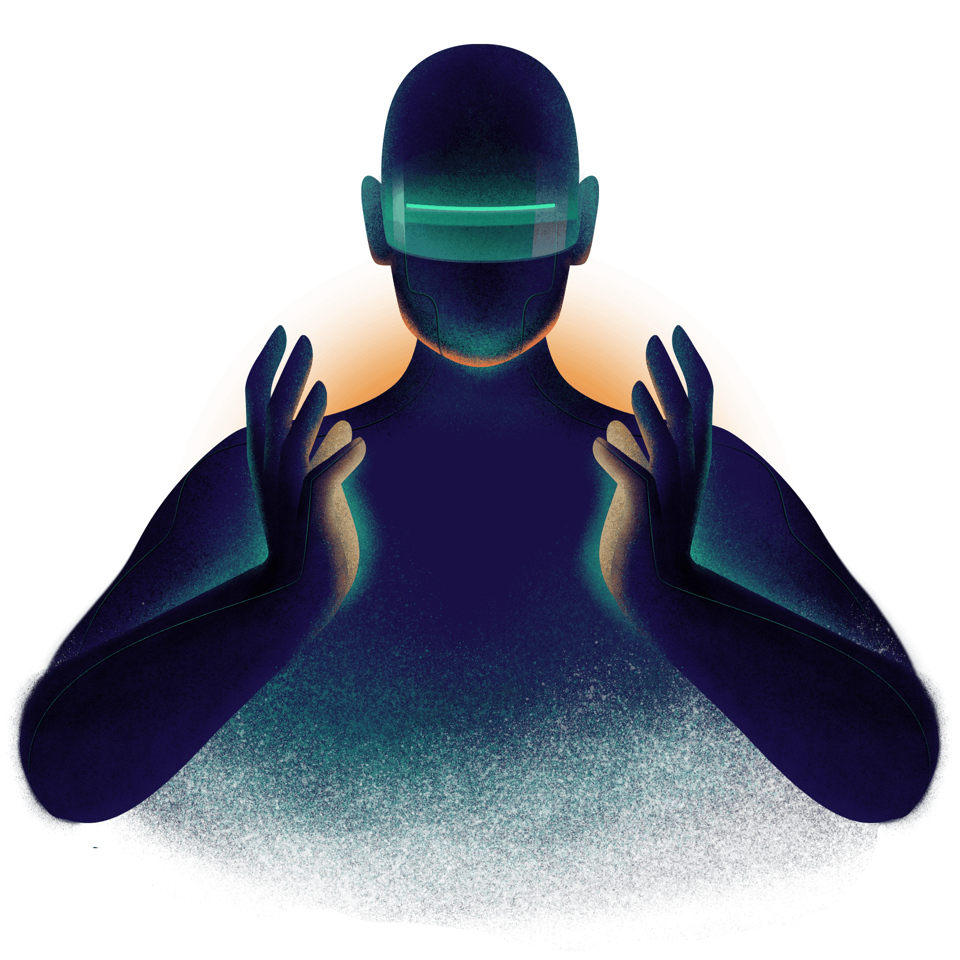 Illustration of a humanoid AI figure with a glowing visor and raised hands, representing enterprise AI transformation