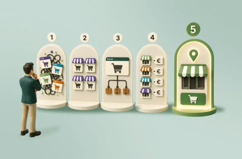 Illustration of five franchise e-commerce models, from independent partner webshops to a unified franchise marketplace platform