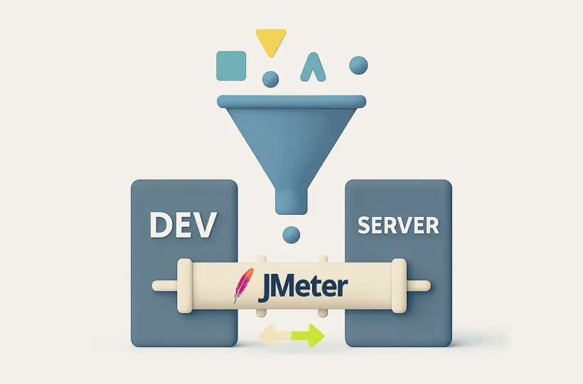 Illustration of Apache JMeter routing test traffic between a development and a server environment
